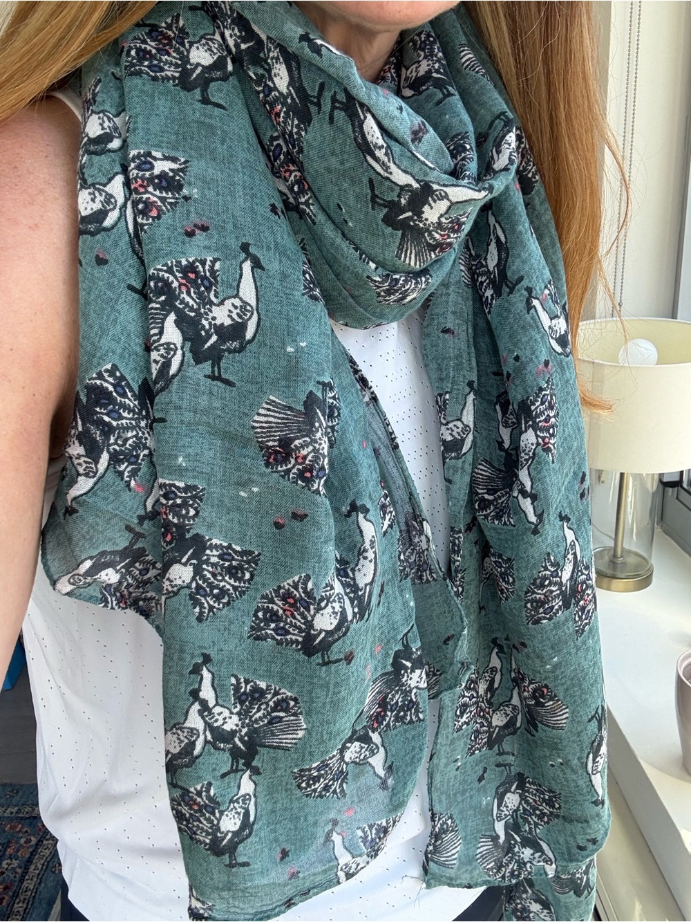 Women's Blue Green Bird Print Oversized Lightweight Scarf Wrap Cottagecore Boho